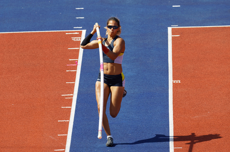 STOCKHOLM, SWEDEN - JUN 10, 2018: Angelica Bengtsson running in the Pole Vault competition in IAAF Diamond League, June 10, 2018 in Stockholm, Swedenのeditorial素材