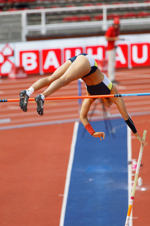 STOCKHOLM, SWEDEN - JUN 10, 2018: Angelica Bengtsson jumping in the Pole Vault competition in IAAF Diamond League, June 10, 2018 in Stockholm, Swedenのeditorial素材