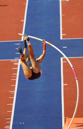 STOCKHOLM, SWEDEN - JUN 10, 2018: Angelica Bengtsson jumping in the Pole Vault competition in IAAF Diamond League, June 10, 2018 in Stockholm, Swedenのeditorial素材