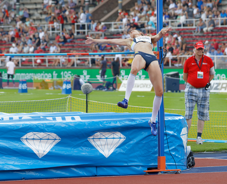 STOCKHOLM, SWEDEN - JUN 10, 2018: Sofie Skoog  (Sweden) jumping in the High jump competition in IAAF Diamond League Bauhaus galan, June 10, 2018 in Stockholm, Swedenのeditorial素材