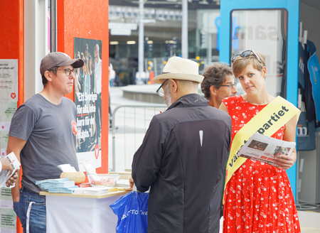 STOCKHOLM, SWEDEN - AUG 26, 2018: Political partys at their polling huts trying to get votes during...