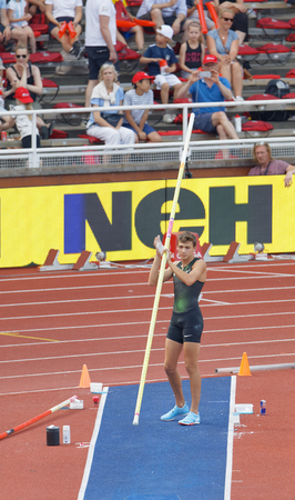 STOCKHOLM, SWEDEN - JUN 10, 2018: Armand Duplantis preparing to jump in the Pole Vault competition in IAAF Diamond League, June 10, 2018 in Stockholm, Swedenのeditorial素材