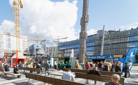 STOCKHOLM, SWEDEN - AUG 26, 2018: Political partys at their polling huts trying to get votes during the election campaign, August 26, 2018 in central Stockholm, Swedenのeditorial素材