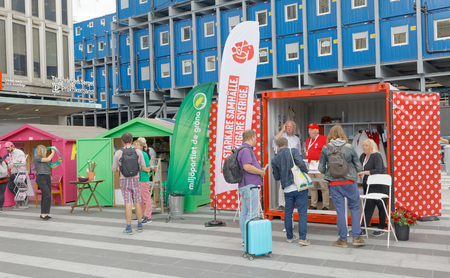 STOCKHOLM, SWEDEN - AUG 26, 2018: Political partys at their polling huts trying to get votes during the election campaign, August 26, 2018 in central Stockholm, Swedenのeditorial素材