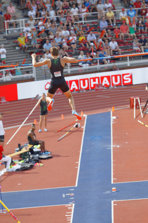 STOCKHOLM, SWEDEN - JUN 10, 2018: Armand Duplantis jumping in the Pole Vault competition in IAAF...