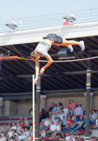 STOCKHOLM, SWEDEN - JUN 10, 2018: Armand Duplantis jumping in the Pole Vault competition in IAAF Diamond League, June 10, 2018 in Stockholm, Swedenのeditorial素材