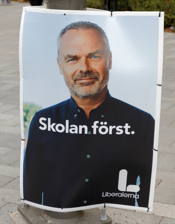 STOCKHOLM, SWEDEN - AUG 27, 2018: Political party posters from the right wing party Liberalerna ...