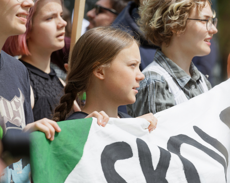 STOCKHOLM, SWEDEN - MAY 24, 2019: Greta Thunberg and the Global Strike for Future, a demonstration to force the heads of state to make decitions to stop the climate change. Stockholm, Sweden. May 24,2019のeditorial素材