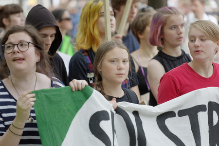 STOCKHOLM, SWEDEN - MAY 24, 2019: Greta Thunberg and the Global Strike for Future, a demonstration to force the heads of state to make decitions to stop the climate change. Stockholm, Sweden. May 24,2019のeditorial素材