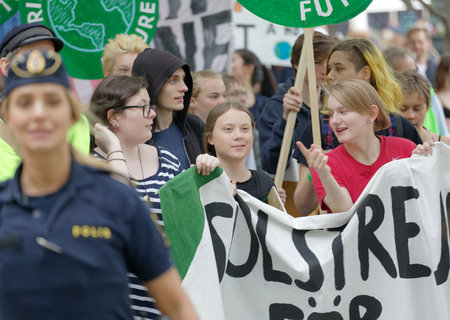 STOCKHOLM, SWEDEN - MAY 24, 2019: Greta Thunberg and the Global Strike for Future, a demonstration to force the heads of state to make decitions to stop the climate change. Stockholm, Sweden. May 24,2019のeditorial素材