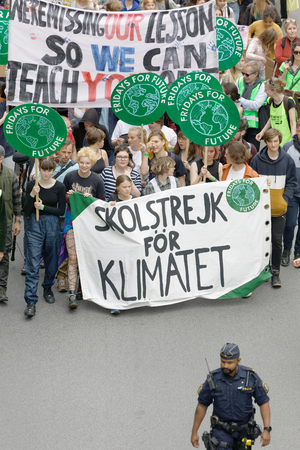 STOCKHOLM, SWEDEN - MAY 24, 2019: Greta Thunberg and the Global Strike for Future, a demonstration to force the heads of state to make decitions to stop the climate change. Stockholm, Sweden. May 24,2019のeditorial素材