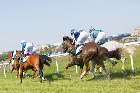 STOCKHOLM, SWEDEN - JUNE 06, 2019: Rear view of standing colorful jockeys on race horses riding in a curve at Nationaldags Galoppen at Gardet. June 6, 2019 in Stockholm, Swedenのeditorial素材