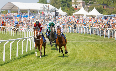 STOCKHOLM, SWEDEN - JUNE 06, 2019: Tough fight between many jockeys riding arabian race horses and audience in the background at ATG Nationaldags Galoppen at Gardet. June 6, 2019 in Stockholm, Swedenのeditorial素材