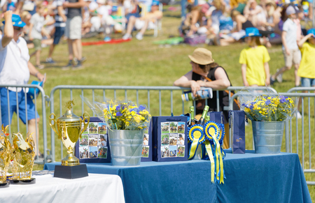 STOCKHOLM, SWEDEN - JUNE 06, 2019: Prices for winning the gallop horse racing on a table waiting for the winnnes at ATG Nationaldags Galoppen at Gardet. June 6, 2019 in Stockholm, Swedenのeditorial素材