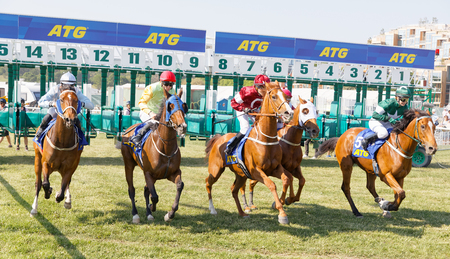 STOCKHOLM, SWEDEN - JUNE 06, 2019: Start of the gallop race for arabian race horses and colorful jockeys at ATG Nationaldags Galoppen at Gardet. June 6, 2019 in Stockholm, Swedenのeditorial素材