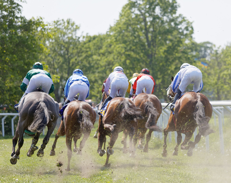 STOCKHOLM, SWEDEN - JUNE 06, 2019: Rear view of standing colorful jockeys on race horses riding in a curve at Nationaldags Galoppen at Gardet. June 6, 2017 in Stockholm, Swedenのeditorial素材