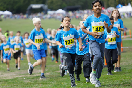 STOCKHOLM - SEPT 08, 2019: Many kids running during the Generation PEP day in Hagaparken to encourage kids to physical activity, initiated by prins Daniel. Stockholm,Sweden,September 08, 2019のeditorial素材