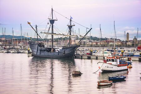 Port of Santurtzi, BASQUE COUNTRY, SPAIN- AUGUST31,2018-The not Victoria, exact copy of the ship that between 1519 and 1522 made the first round the world, is shown to the public in the port of Santurtzi.のeditorial素材