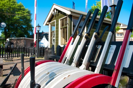 old and out of use manual railway switchの写真素材