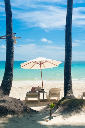 someone reading a book under a white parasol on a tropica beachの写真素材