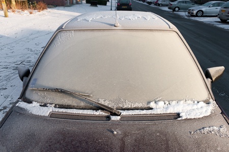 frozen windshield after a very cold nightの写真素材