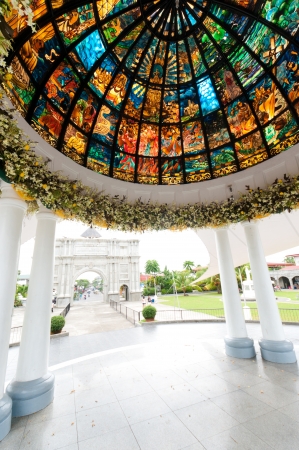 pavilion with stained glass in front of the Naga metropolitan cathedral in Naga City, Philippinesの写真素材