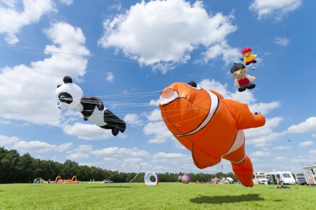 Giant panda and clownfish kite at the 3rd international kite festival in Twenterand, Netherlands with a lot of participants from Germany and Belgium.のeditorial素材