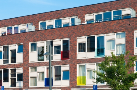 modern apartment building with colorful decorationsの写真素材