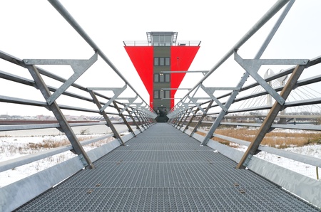 modern red bridge control room in zwolle, netherlands. From this control room 5 bridges around the...