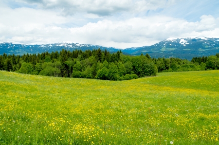 austrian landscape with a view on mountains with snowy topsの写真素材