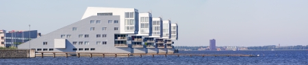 panorama of modern apartments at a lake shore in the netherlandsのeditorial素材