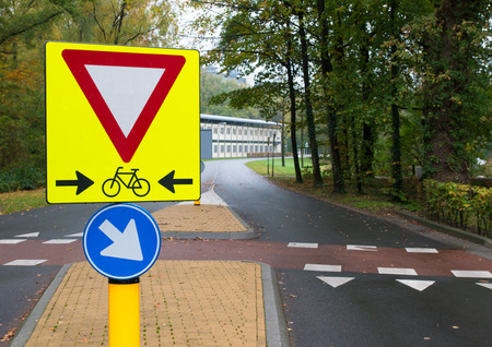 traffic sign warning for a bicycle pathの写真素材