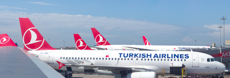 turkish airlines planes on the Ataturk international airport in istanbul. In 2014, Turkish Airlines has been chosen for the fourth time in a row as the best airline in Europeのeditorial素材