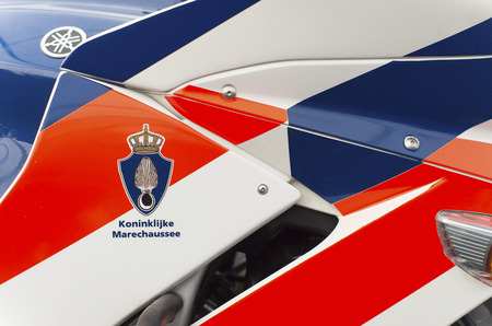 close up of a royal dutch police (marechaussee) motorbike at the Royal Dutch Air Force Days 2014 in...