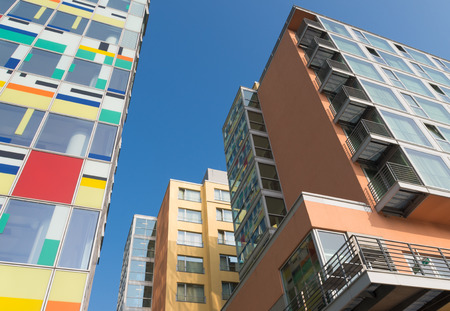 Modern buildings in the dusseldorf media harbor. The Hafen district contains some spectacular post-modern architecture, but also some bars, restaurants and pubs, which makes it a prominent lifestyle districtのeditorial素材