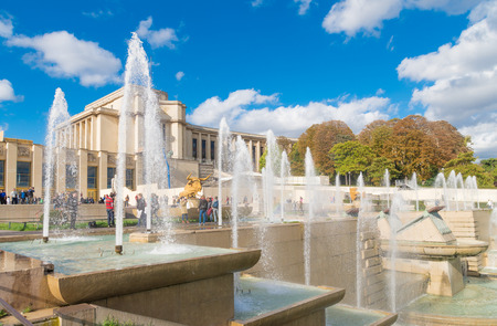 famous warsaw fountains in front of the Palais de Chaillot in paris, franceの写真素材