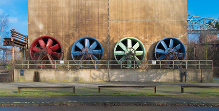 ventilator building at the Landschaftspark Duisburg-Nord, a public park in the German city of Duisburg. The centerpiece of the park is formed by the ruins of a blast furnace complex shut down in 1985.の写真素材