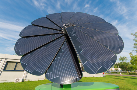GRONINGEN, NETHERLANDS - AUGUST 22, 2015: Smart flower foldable solar collector on the groningen university area. The smart flower provides all the energy for the exterior lighting of the campus sports centerのeditorial素材