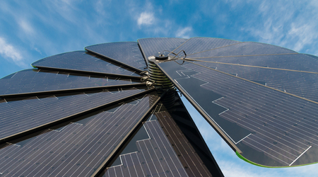 GRONINGEN, NETHERLANDS - AUGUST 22, 2015: Smart flower foldable solar collector on the groningen university area. The smart flower provides all the energy for the exterior lighting of the campus sports centerのeditorial素材