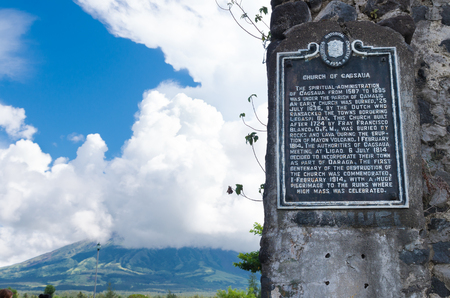Cagsawa Ruins are the remnants of an 18th century Franciscan church, built in 1724 and destroyed by the 1814 eruption of the Mayon Volcano.の写真素材