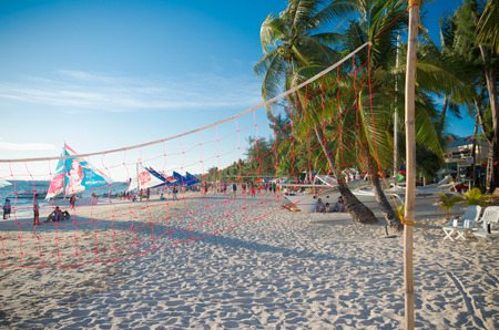 BORACAY, PHILIPPINES - MAY 20, 2015: Beach volleyball net on the famous white Boracay beach in the philippinesの写真素材
