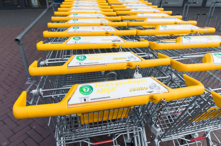 ZWOLLE, NETHERLANDS - MARCH 22, 2015: Yellow Jumbo shopping carts. Jumbo employs about 30,000 people.のeditorial素材