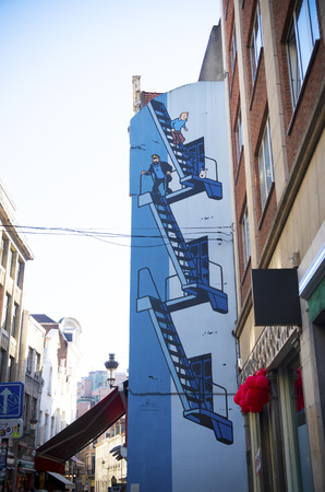BRUSSELS, BELGIUM - JULY 10, 2015: Mural of the famous Tintin in the city center of brusselsのeditorial素材
