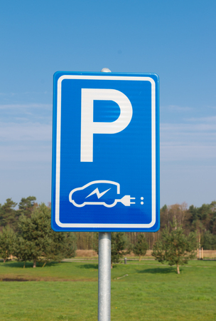 blue parking sign for electric carsの写真素材