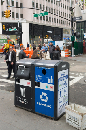 NEW YORK - MAY 2, 2016: Two trashbins in the streets of New York Cityのeditorial素材