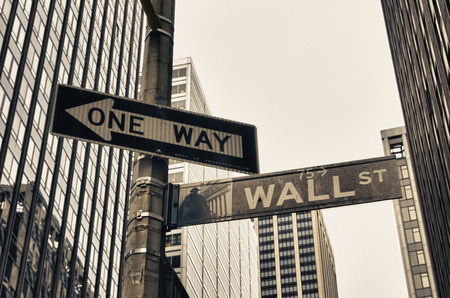 NEW YORK - APRIL 27, 2016: Vintage street sign of wall street in downtown manhattanのeditorial素材