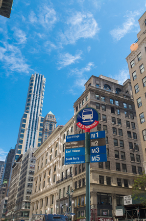 NEW YORK - APRIL 30, 2016: Bus stop sign in East village, a part of lower manhattanのeditorial素材