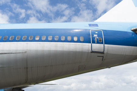 tail part of a  jumbo jet at lelystad airpost in the netherlandsのeditorial素材