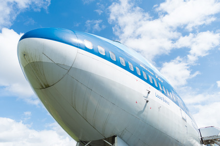 LELYSTAD, NETHERLANDS - MAY 15, 2016: Low angle view of a blue KLM 747 jumbo jet at the aviodrome aerospace museum at lelystad airportのeditorial素材
