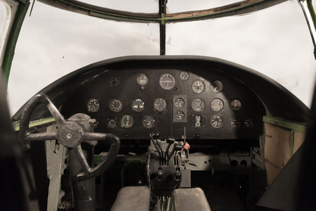 view of an antique WW II bomber cockpitのeditorial素材